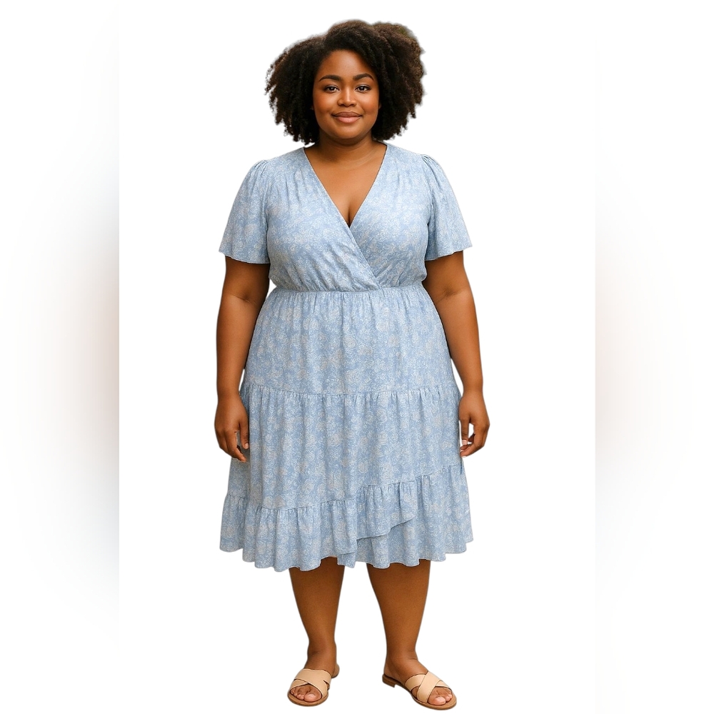 Michael Kors Light Blue Gold Metallic Paisley Pattern Tiered Dress Women Size 1X